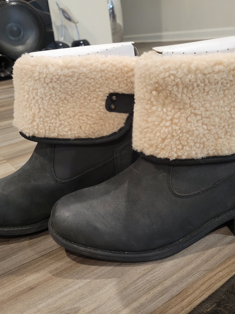 Women's Black Ankle Boots with Cream Shearling Cuff